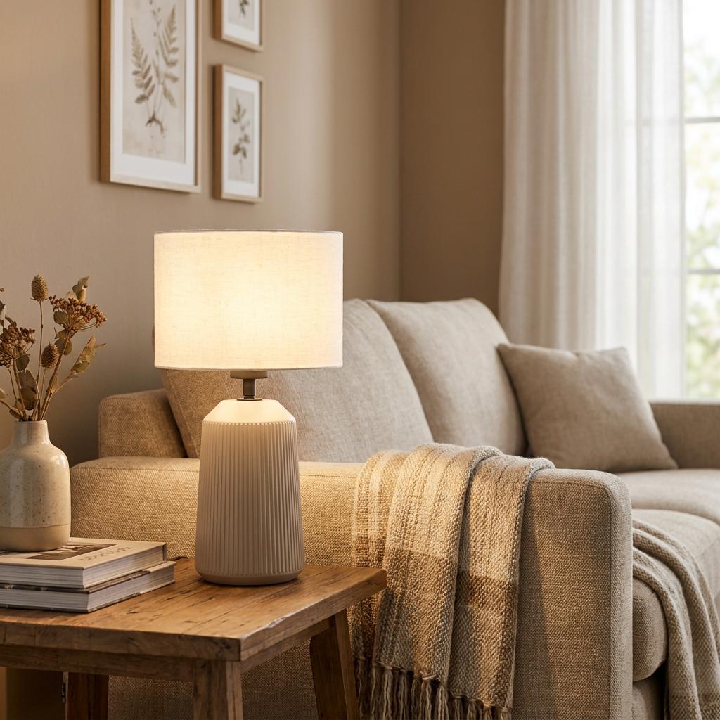 Eglo Capalbio sand ceramic table lamp with a white drum shade on a wooden side table in a cozy living room.