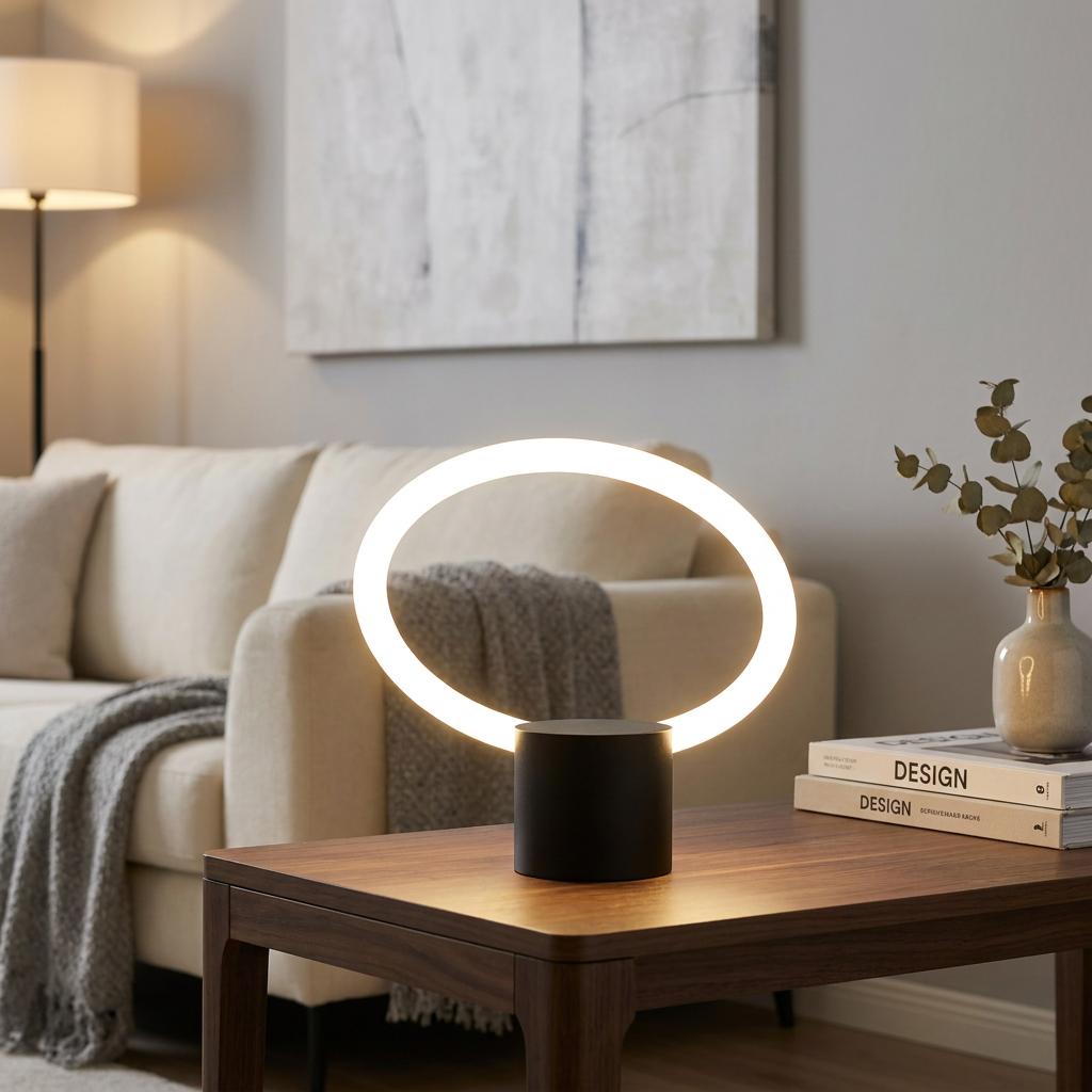 Black LED ring table lamp glowing on a wooden side table in a modern living room.