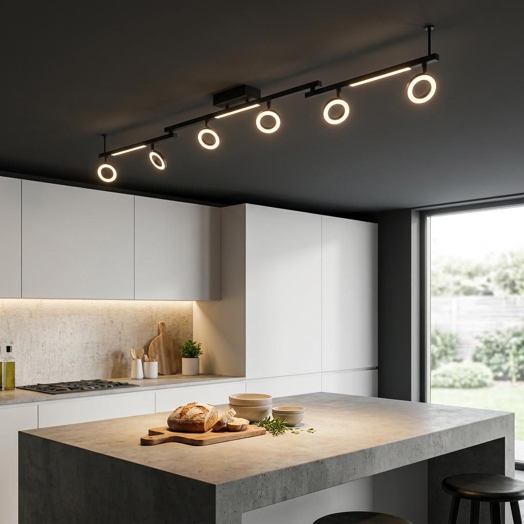 Eglo Cardillio 1 black 6-light LED spotlight bar with ring-shaped heads mounted on a kitchen ceiling.