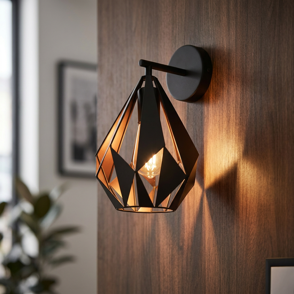 Eglo Carlton 1 geometric black wall light with copper lining, mounted on a wood panel and lit.