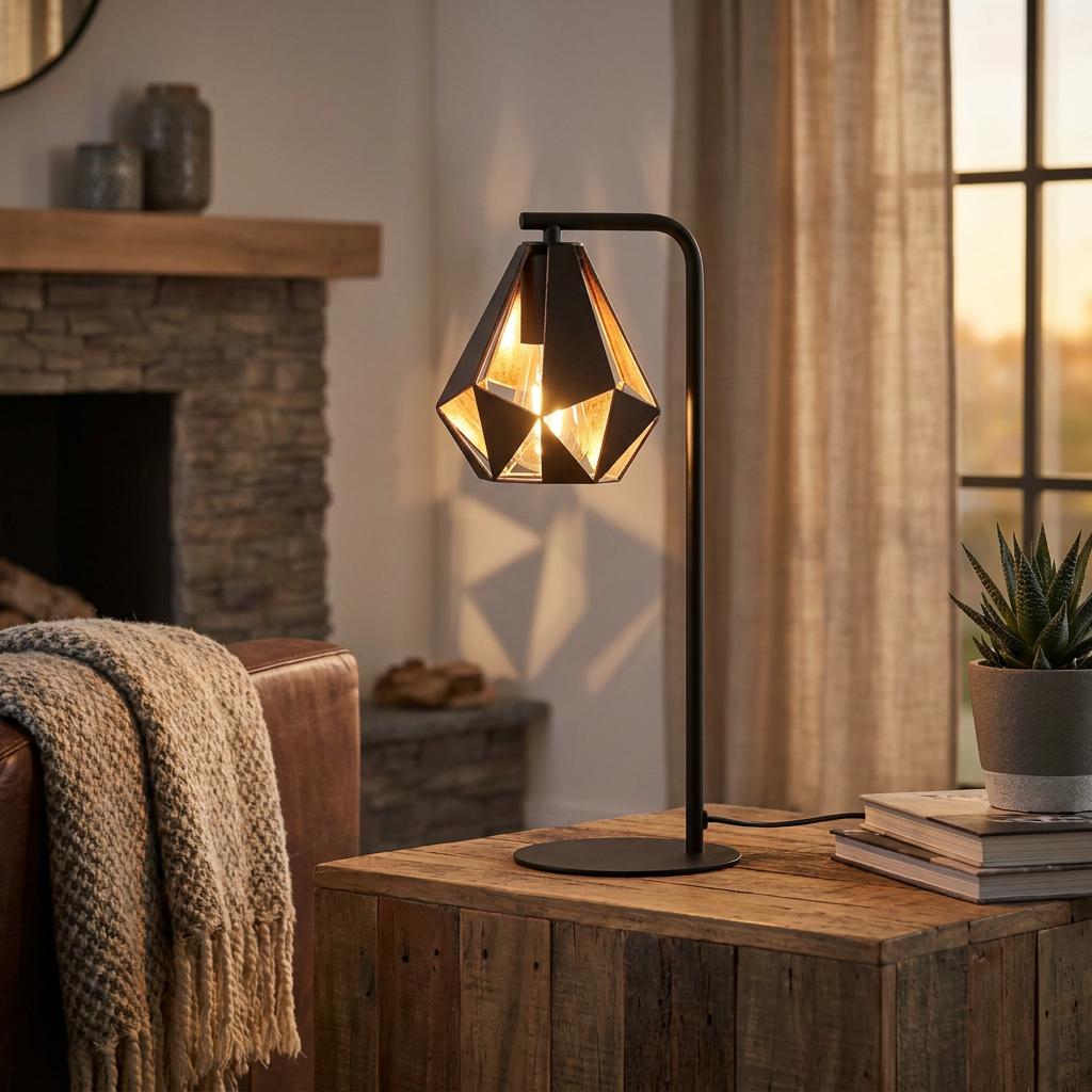 Eglo Carlton 4 black and copper geometric table lamp glowing on a rustic wooden side table in a cozy living room.