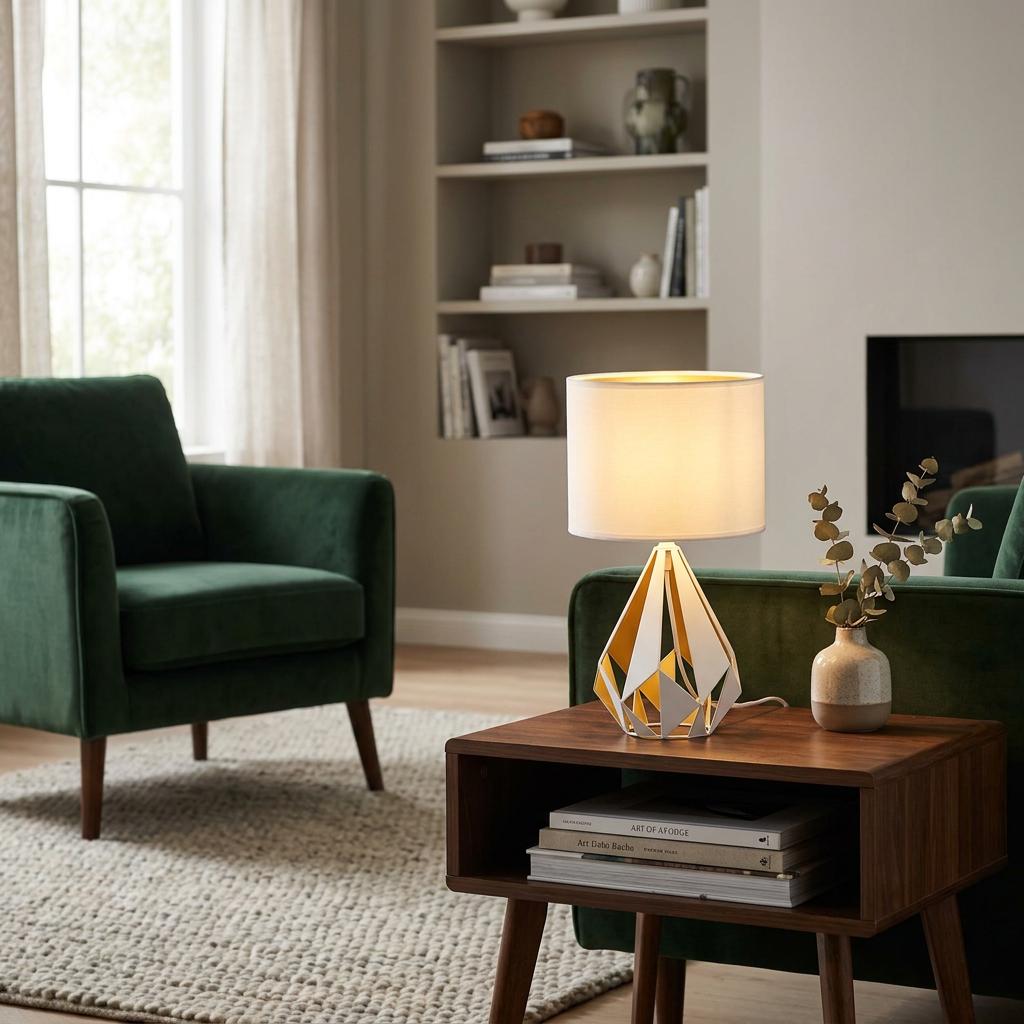 White and gold geometric table lamp with a white shade on a wooden side table in a modern living room.