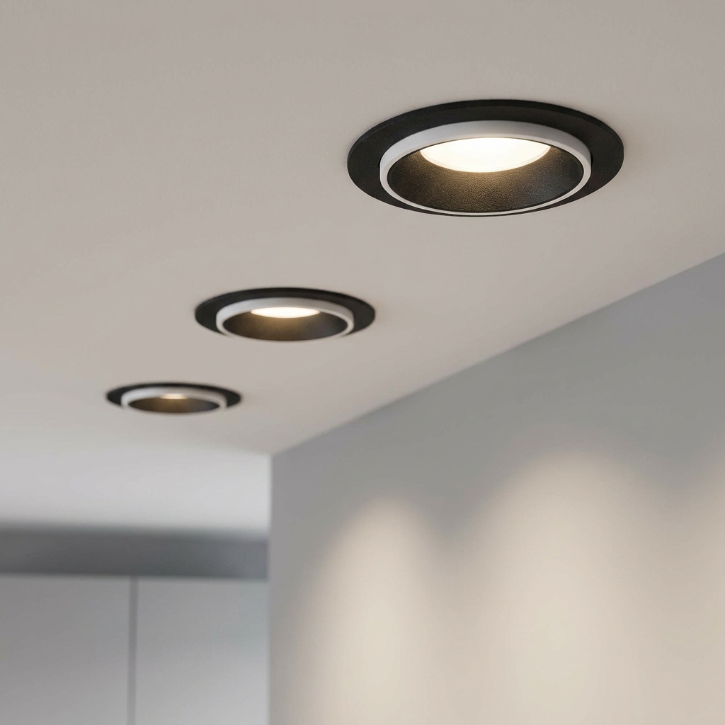 Three Eglo Carosso round black and white recessed ceiling spotlights illuminate a modern white ceiling.