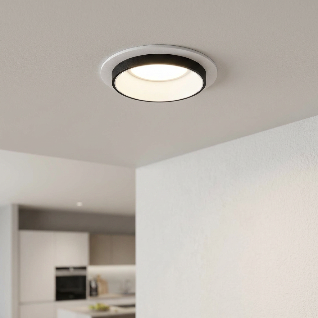 Round white and black recessed spot light glowing on a modern interior ceiling.