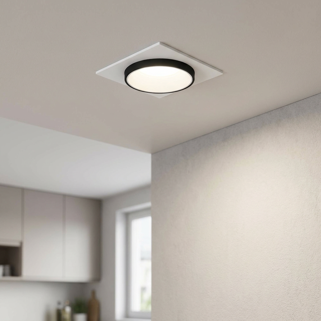 Modern square recessed ceiling light with a black-rimmed circular LED panel illuminating a neutral-toned room.