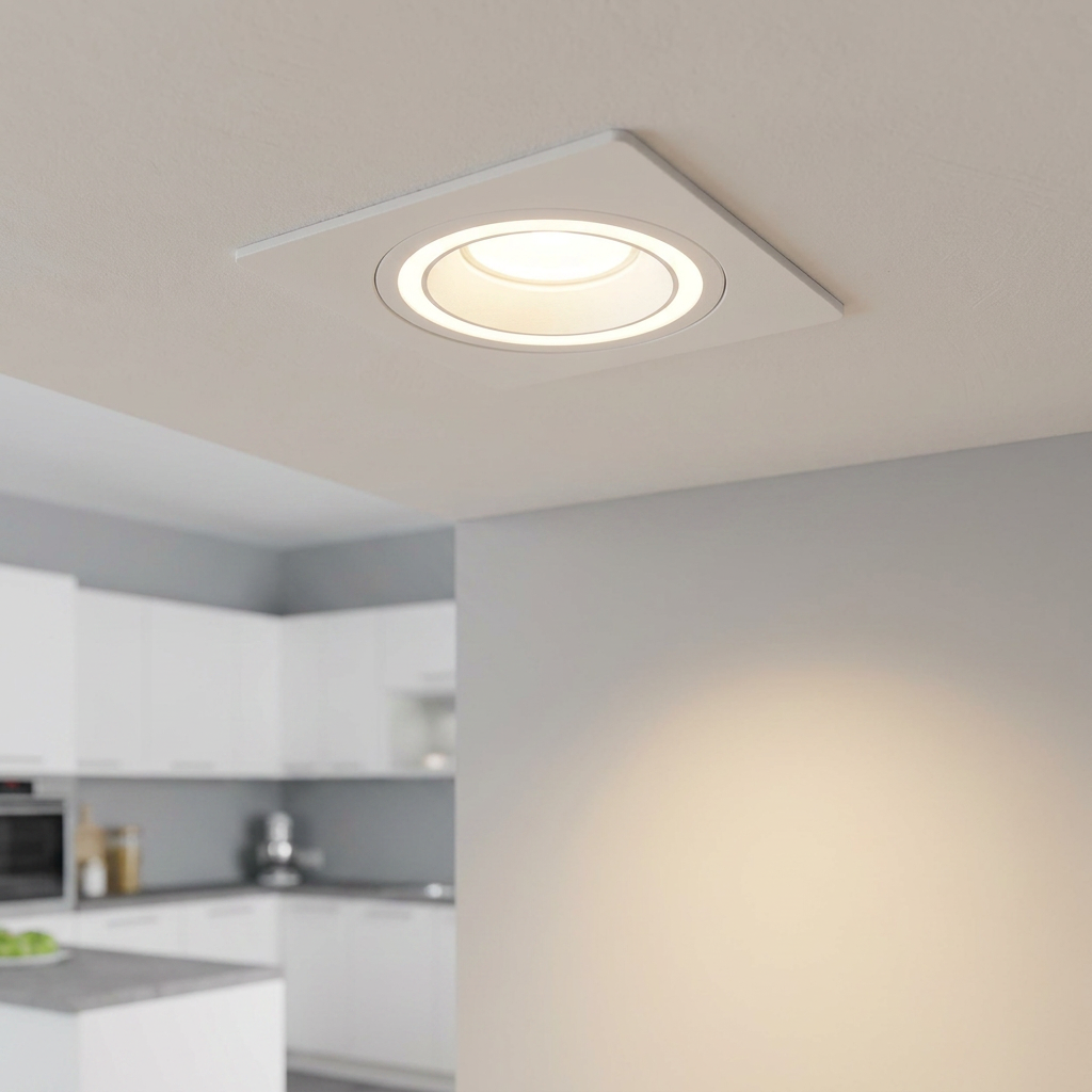 White square recessed spotlight on a ceiling casting light in a modern kitchen setting.