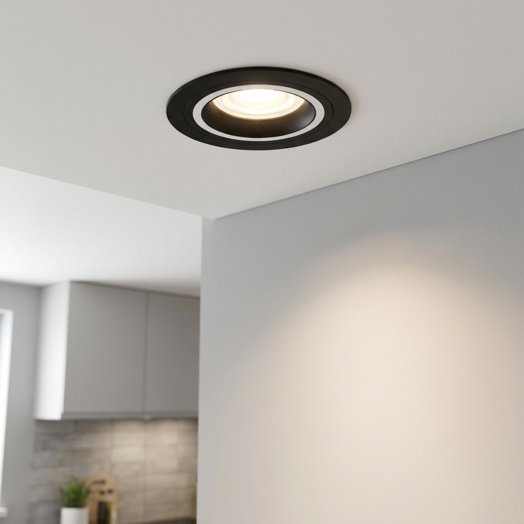 Black recessed smart LED spotlight glowing on a white ceiling above a gray wall.