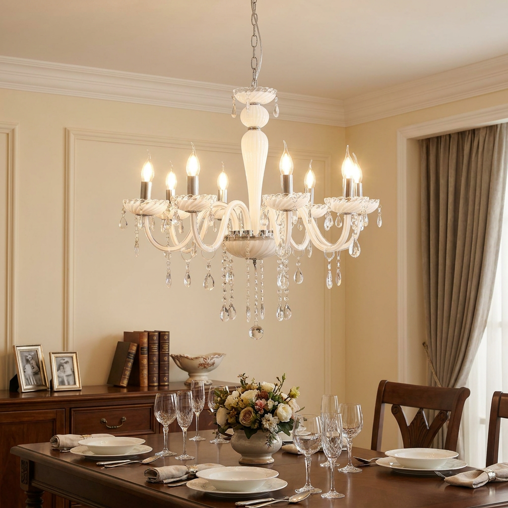 Eglo Carpento 8-light chandelier in white glass and chrome with crystal droplets over a set dining table.