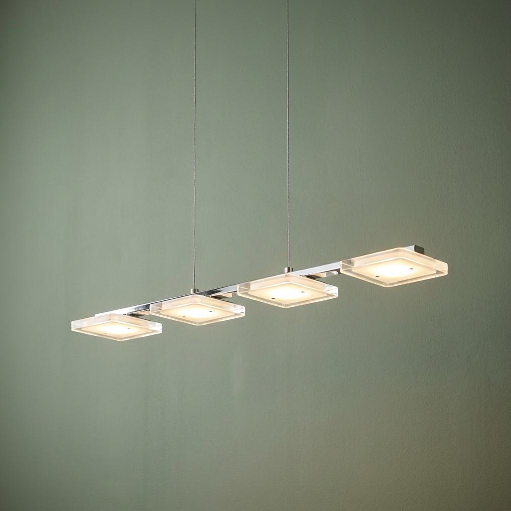 Modern chrome ceiling pendant featuring four illuminated square LED lights on a horizontal bar.