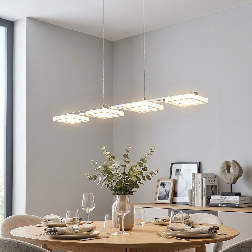 Modern chrome pendant light with four square LED panels suspended over a wooden dining table in a minimalist room.