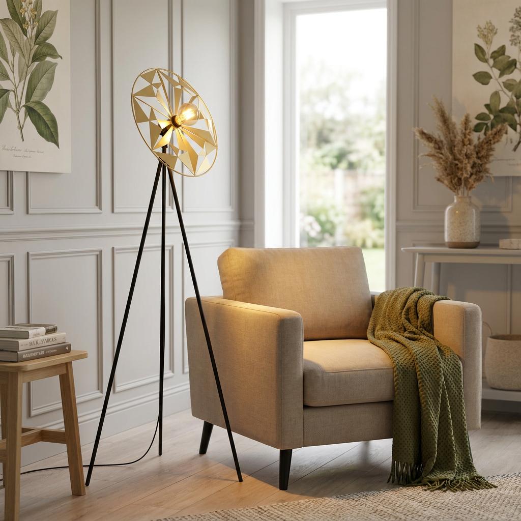 Eglo Castanuelo black tripod floor lamp with a gold geometric dish shade beside a beige armchair in a living room.