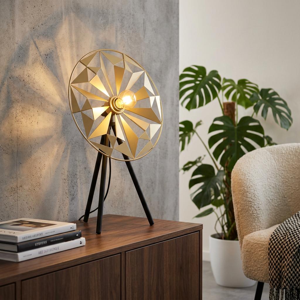 Gold geometric tripod table lamp with a sunburst shade, glowing on a wooden cabinet against a concrete wall.