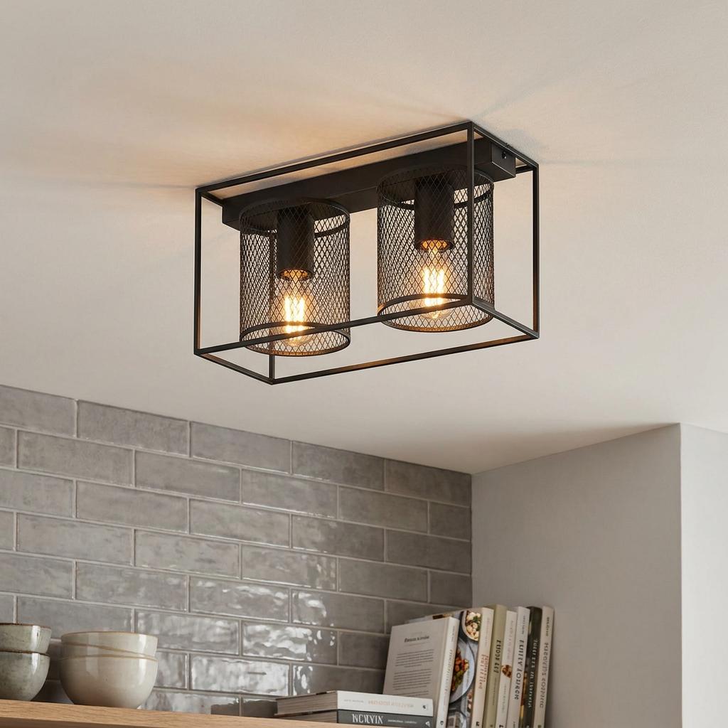 Black industrial two-light flush ceiling fixture with mesh shades and Edison bulbs in a modern kitchen setting.