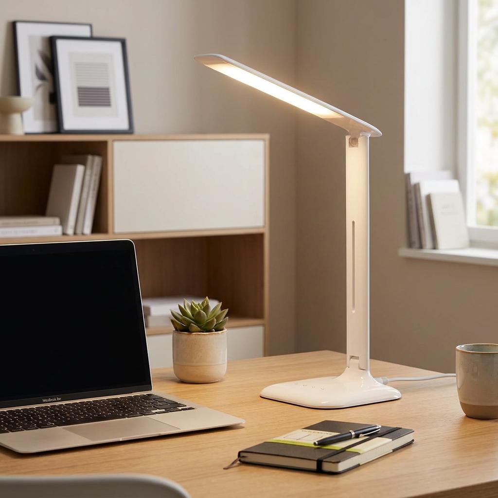 Slim white LED desk lamp illuminating a wooden desk with a laptop, notebook, and small plant in a modern home office.
