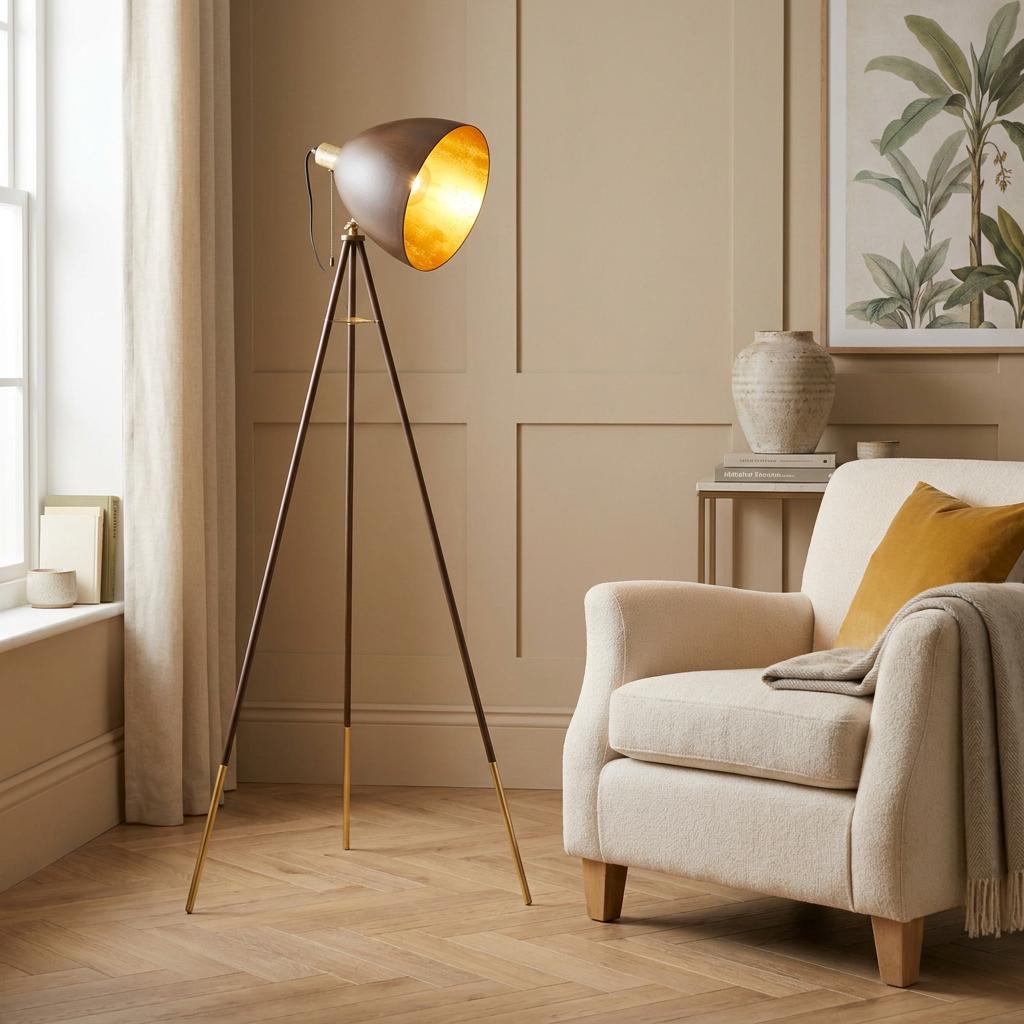 Rust-coloured tripod floor lamp with a gold interior illuminating a cozy living room next to a cream armchair.