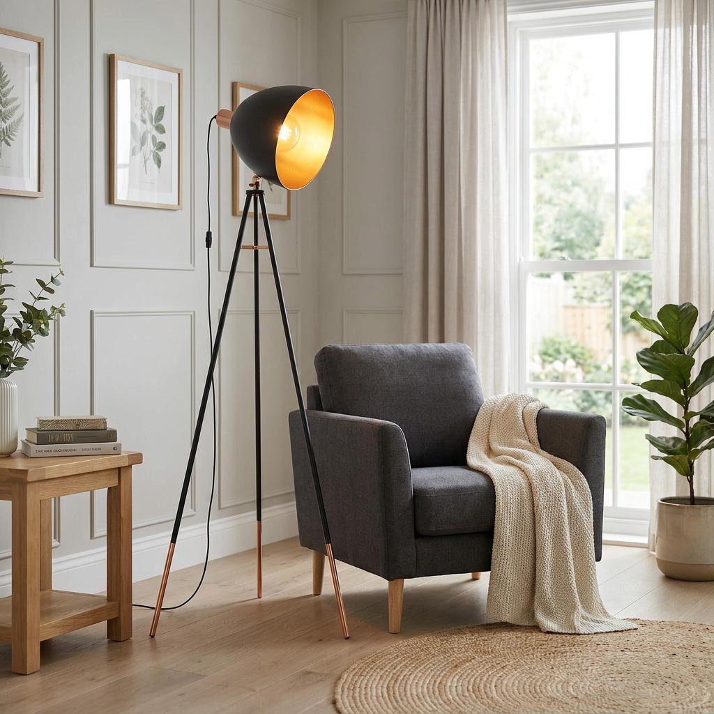 Black and copper tripod floor lamp illuminating a cozy living room with a grey armchair and wooden side table.