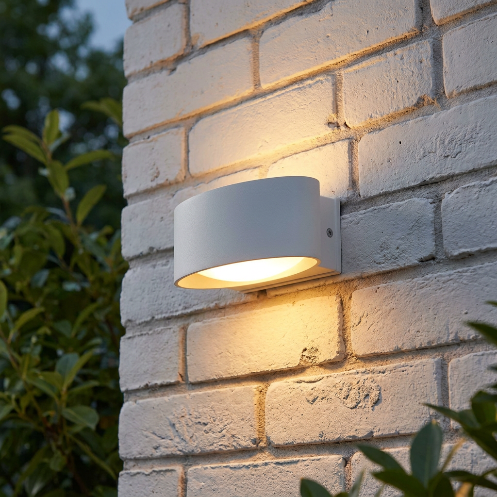 White oval outdoor wall light mounted on a brick wall, emitting a warm glow up and down.