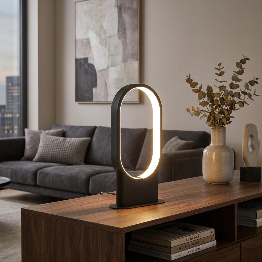 Black oval LED table lamp glowing on a wooden cabinet in a modern living room.