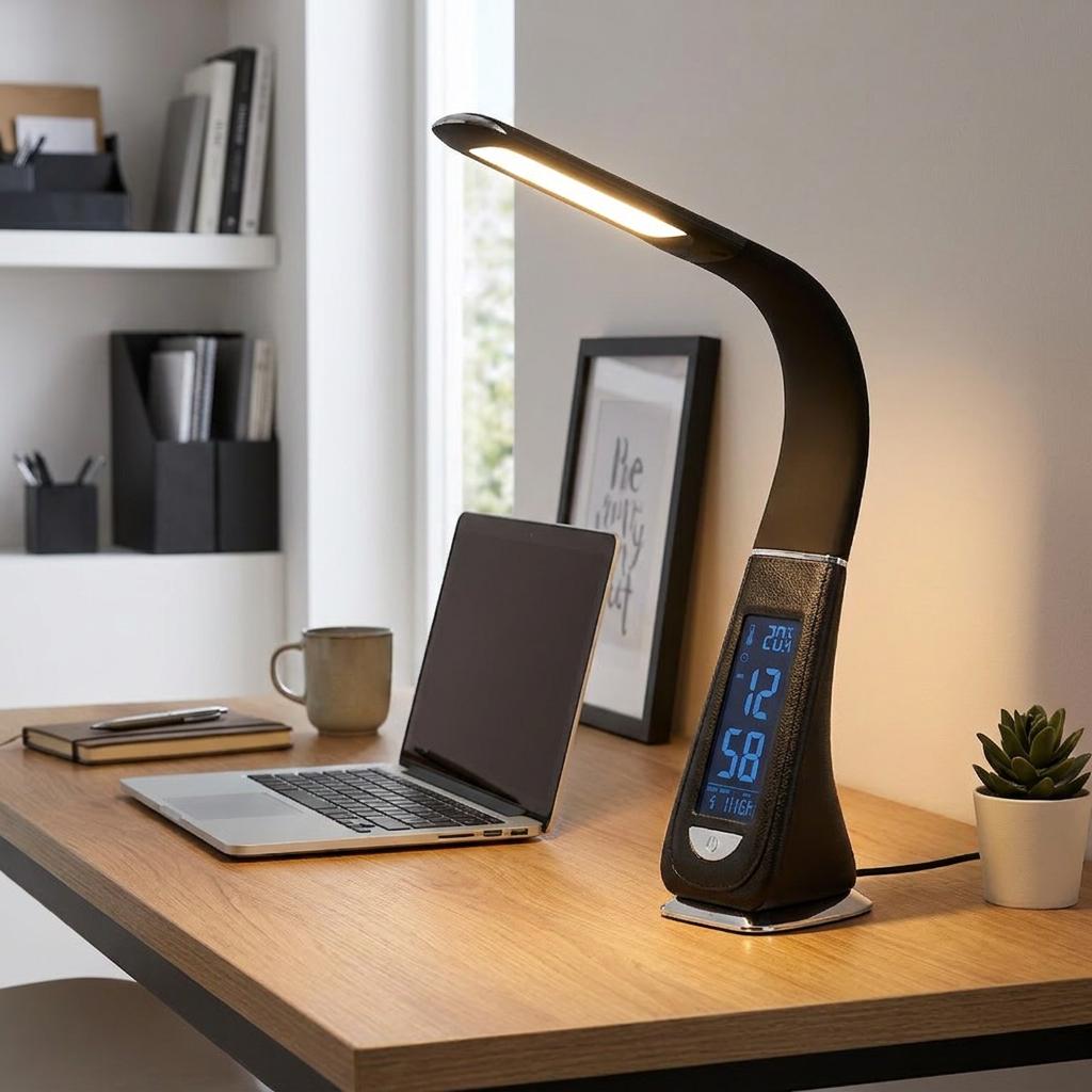 Black LED desk lamp with an integrated digital display illuminating a wooden desk with a laptop and accessories.