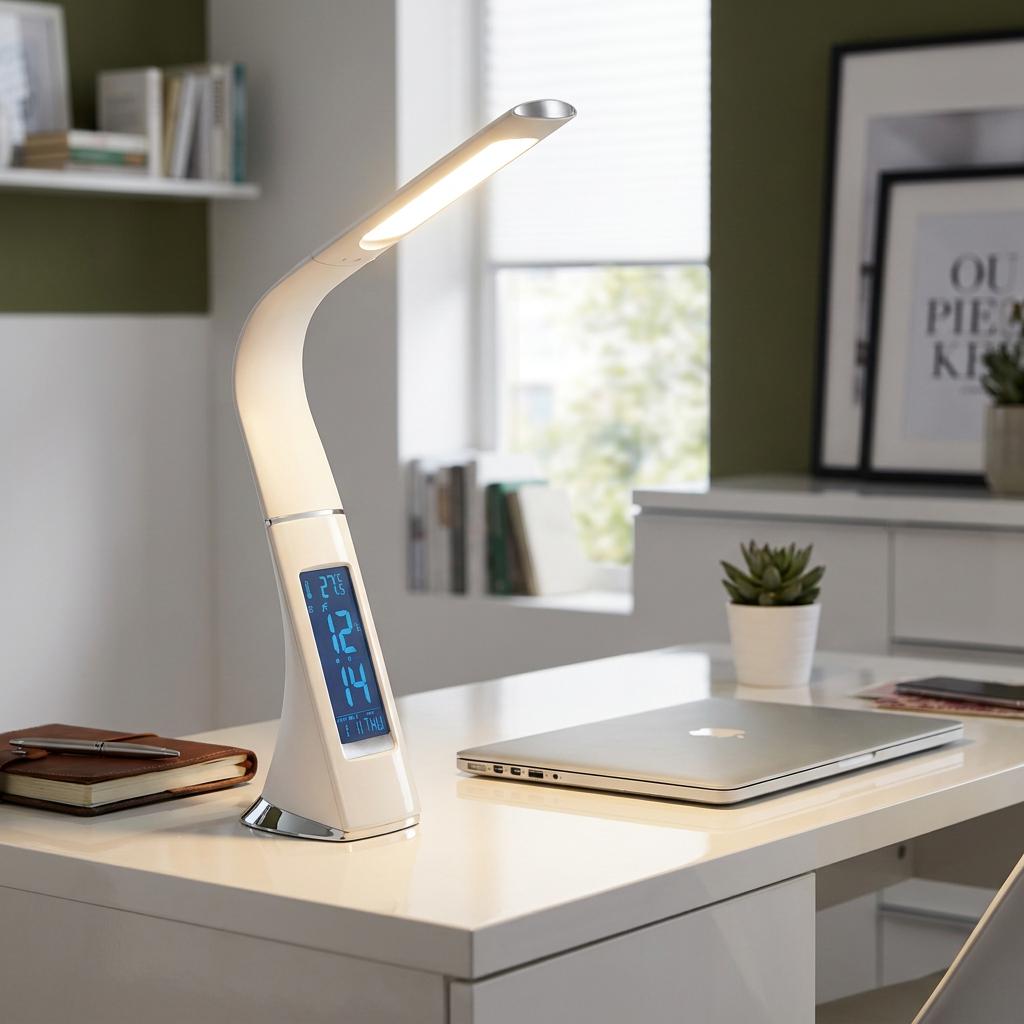 White Eglo Cognoli LED desk lamp with a built-in digital display on a modern white office desk.
