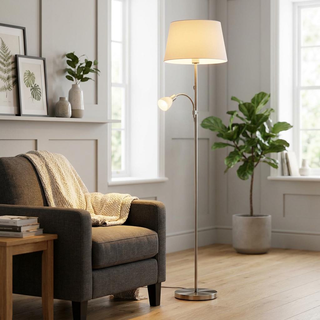 Satin nickel mother and child floor lamp with glowing white shades next to an armchair in a modern living room.