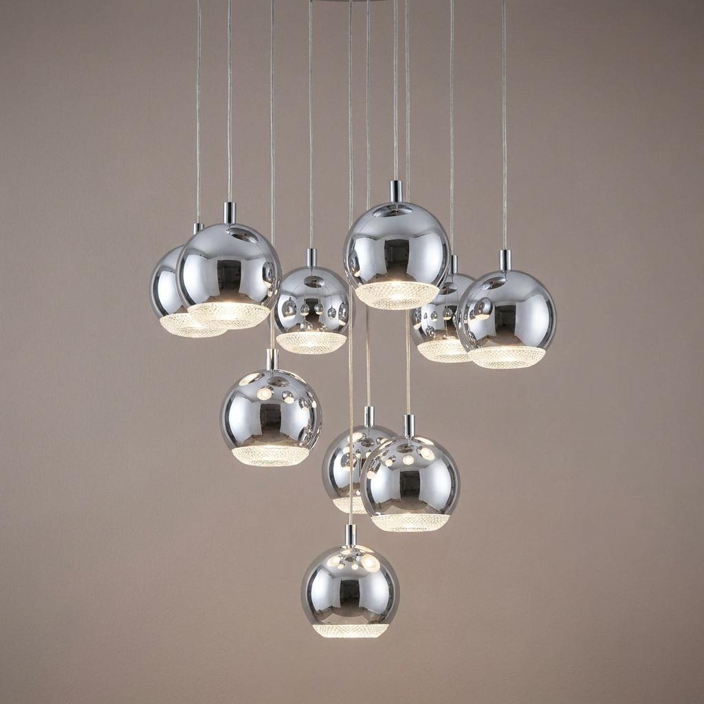 Ten chrome globe pendant lights with crystal-effect bases hanging at different heights against a neutral wall.