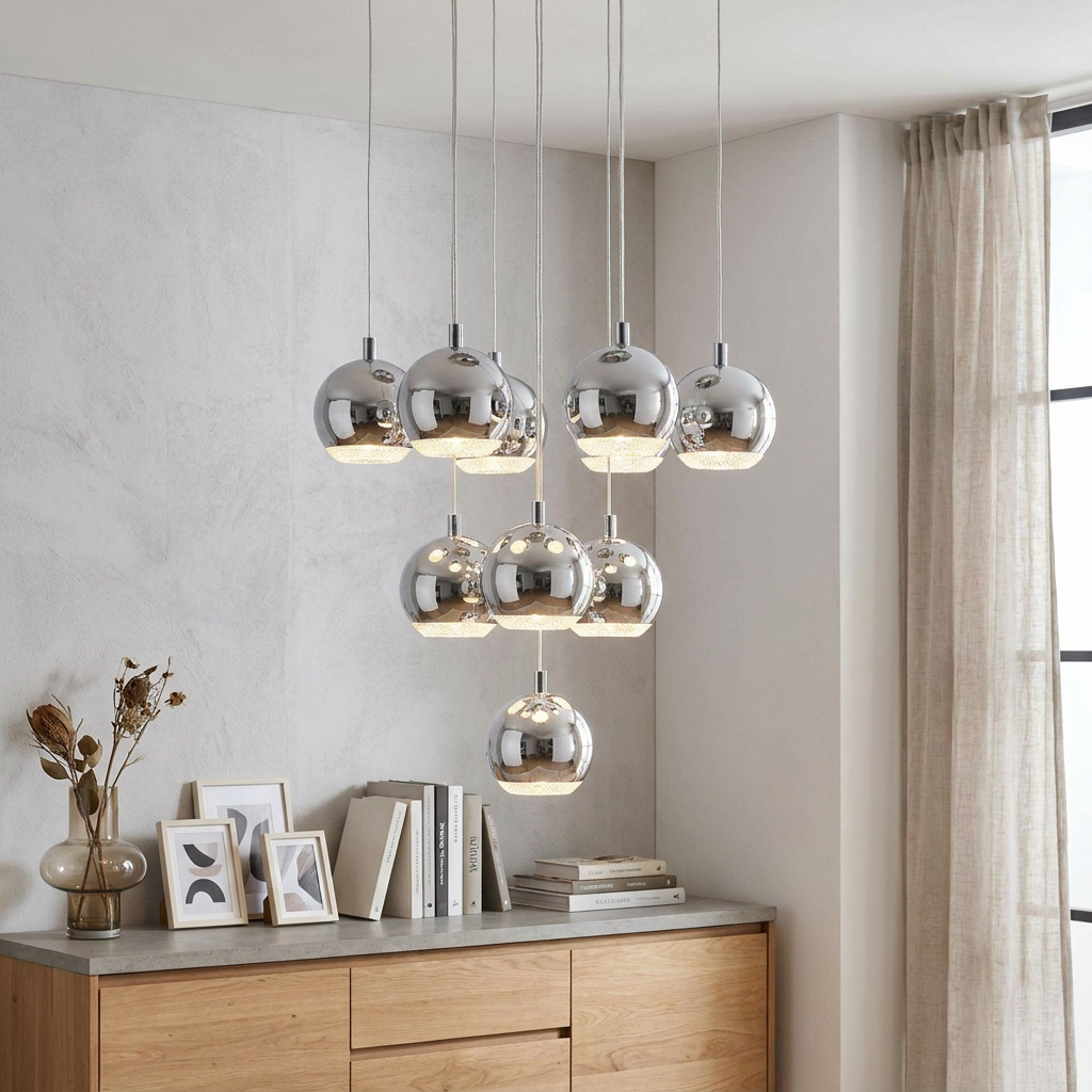 Ten polished chrome globe pendant lights with crystal effect bottoms cascading over a wooden sideboard.