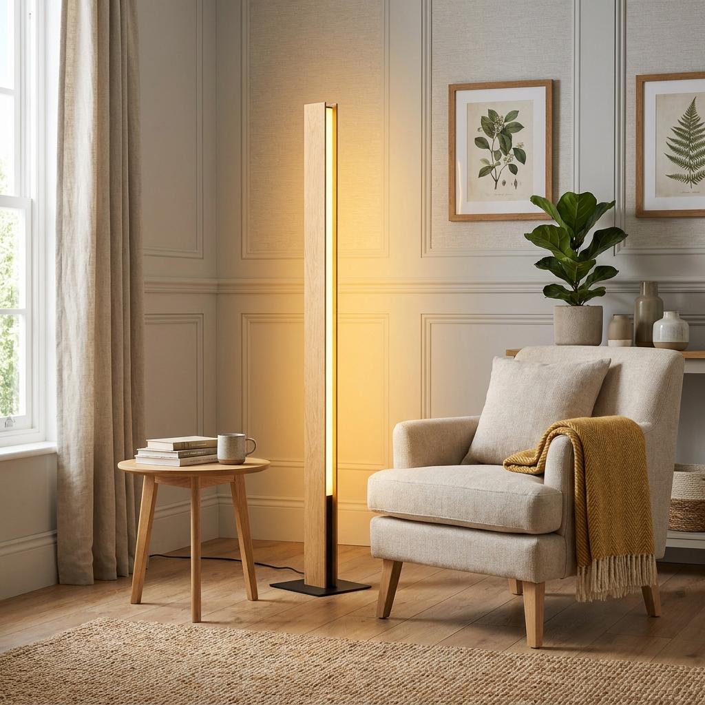 Modern wooden column lamp illuminates a cozy reading nook with a beige armchair, side table, and botanical wall art.
