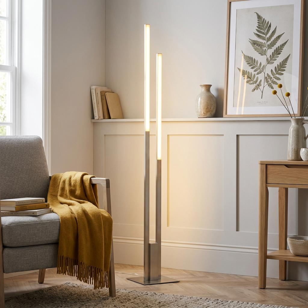 Modern nickel floor lamp with two vertical LED light pillars in a stylish living room setting.
