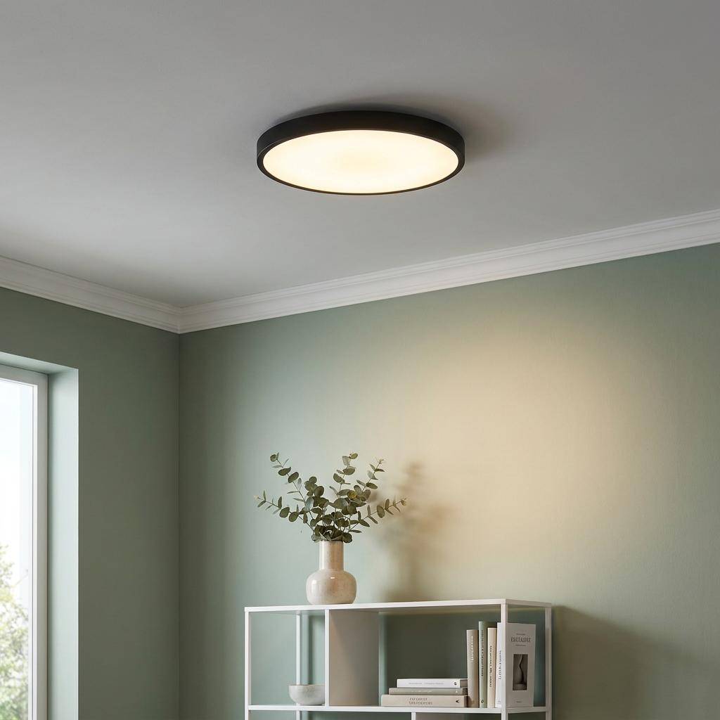 Circular black flush-mount ceiling light glowing with warm light in a modern room with green walls.