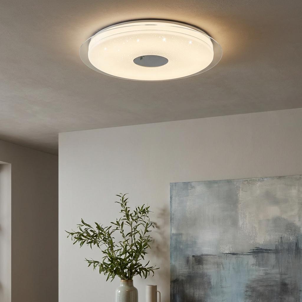 Round Eglo Lanciano-Z chrome ceiling light with starry effect, mounted in a modern living space.