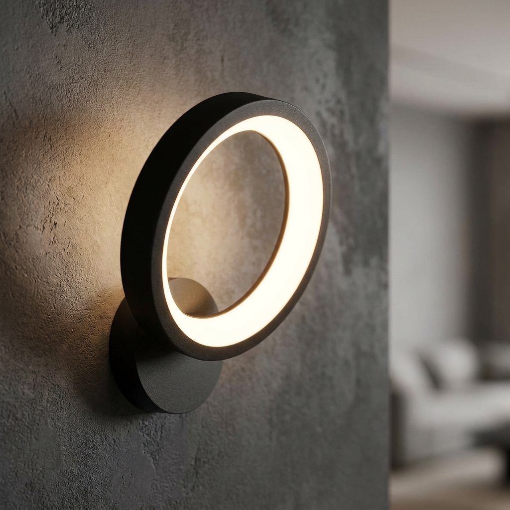 A modern circular black LED wall light illuminates a textured grey surface in a minimalist interior.