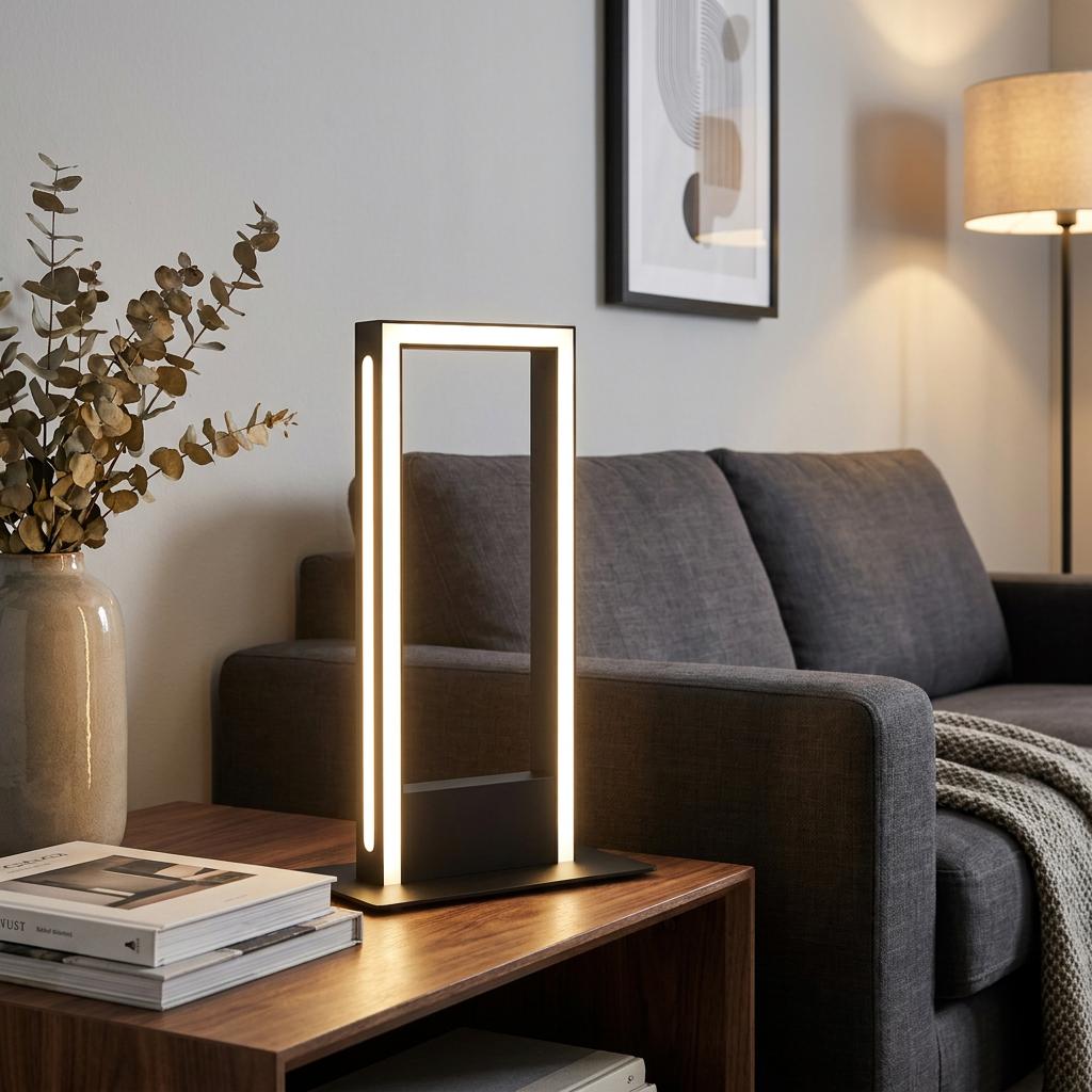 Modern black rectangular frame table lamp with integrated LED lights on a wooden table in a cozy living room.