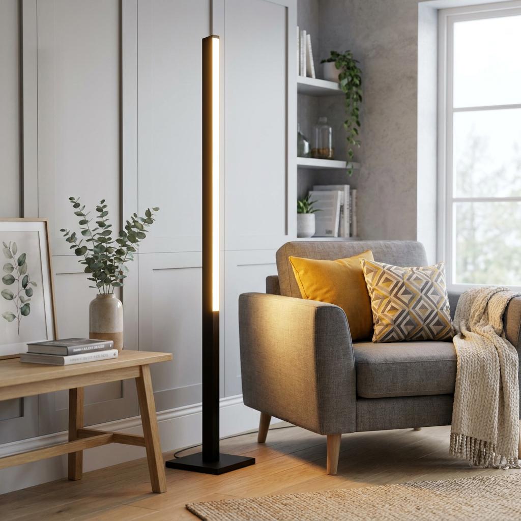 Slim black LED floor lamp casting warm light in a modern living room next to a grey armchair.