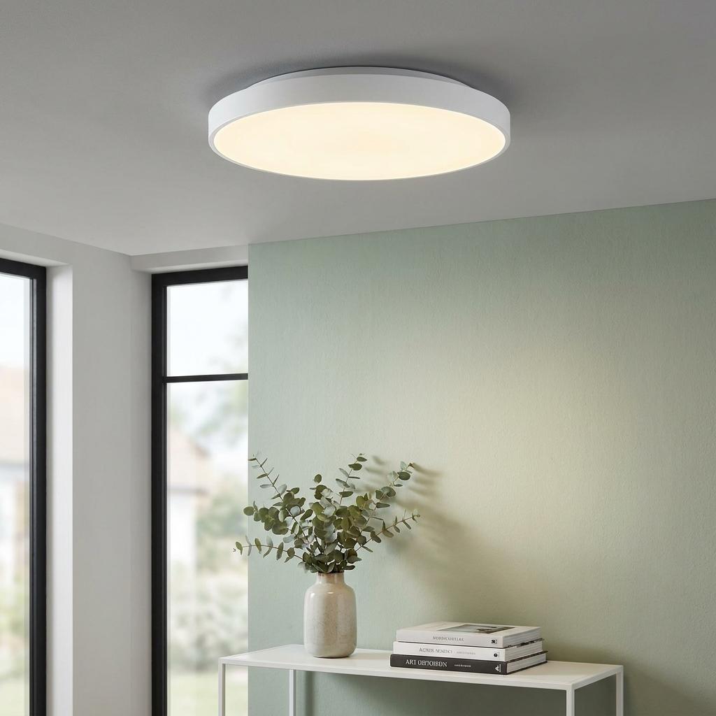 Round white LED ceiling light illuminating a modern room with a pale green wall and console table.
