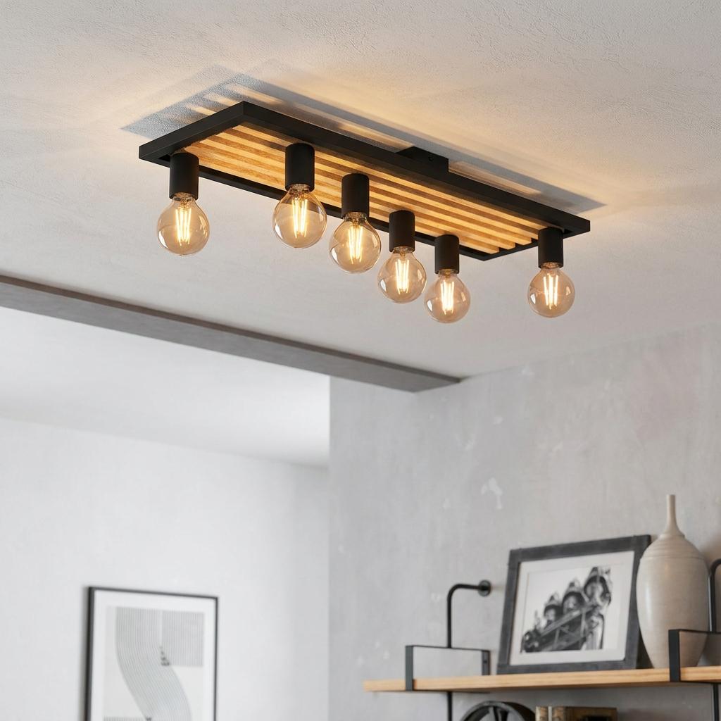 Modern 6-light flush ceiling fixture with black frame and wooden slats in a contemporary room setting.