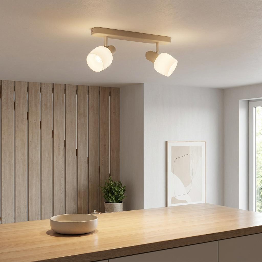 Eglo Corato 2-light bar spotlight with white glass shades illuminating a modern wooden kitchen counter.