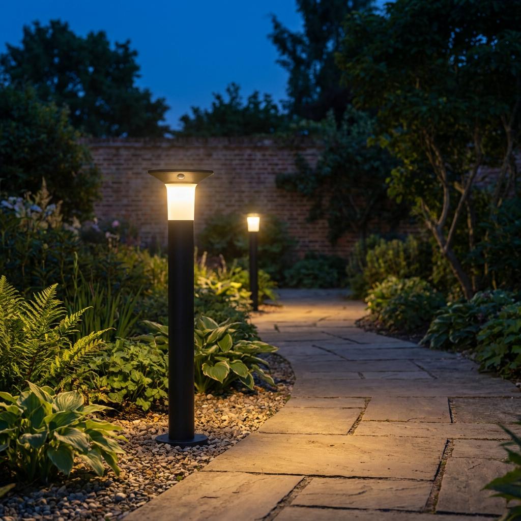 Two solar bollard lights illuminating a stone garden path at dusk among lush greenery.