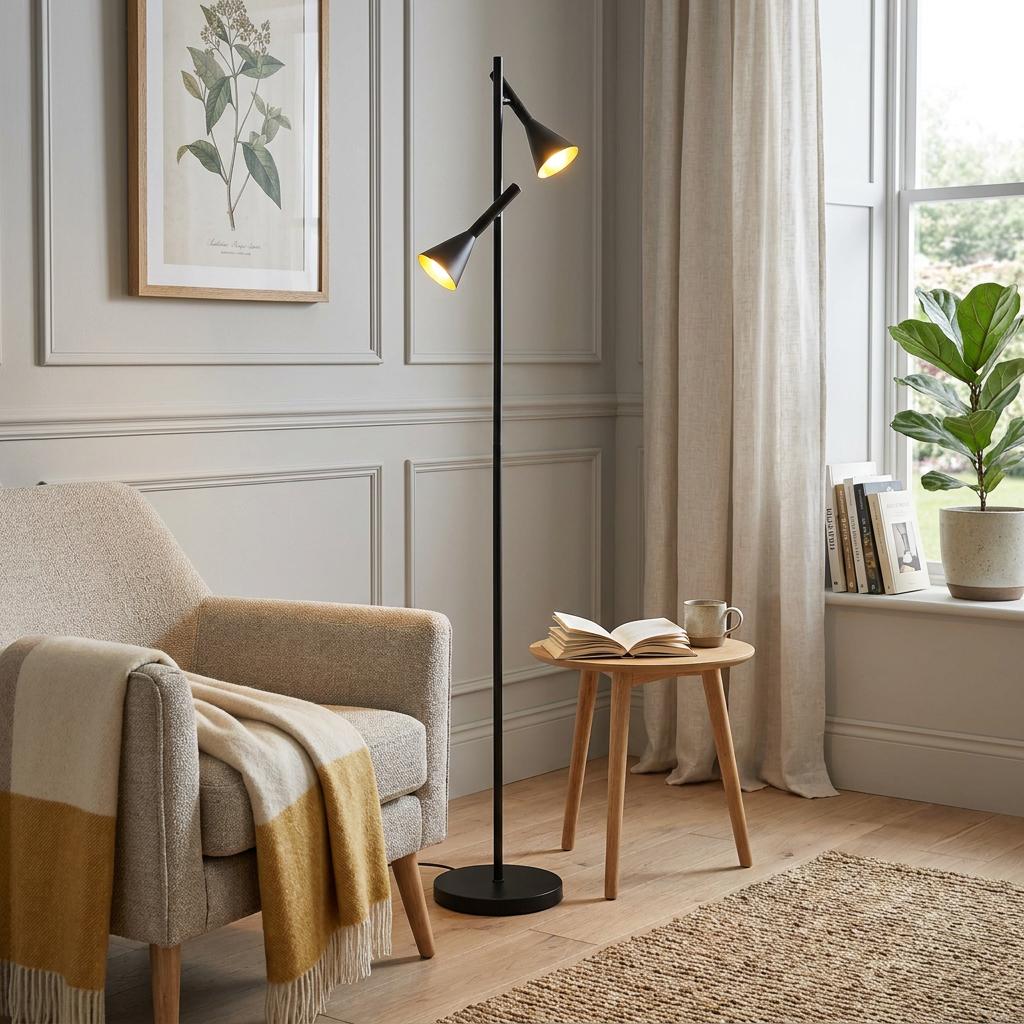 Two-light black and gold floor lamp in a cozy living room beside an armchair and small wooden side table.