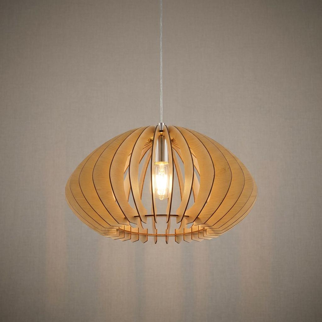 Eglo Cossano 2 maple wood slat pendant light with an oval shade and glowing bulb, against a beige background.