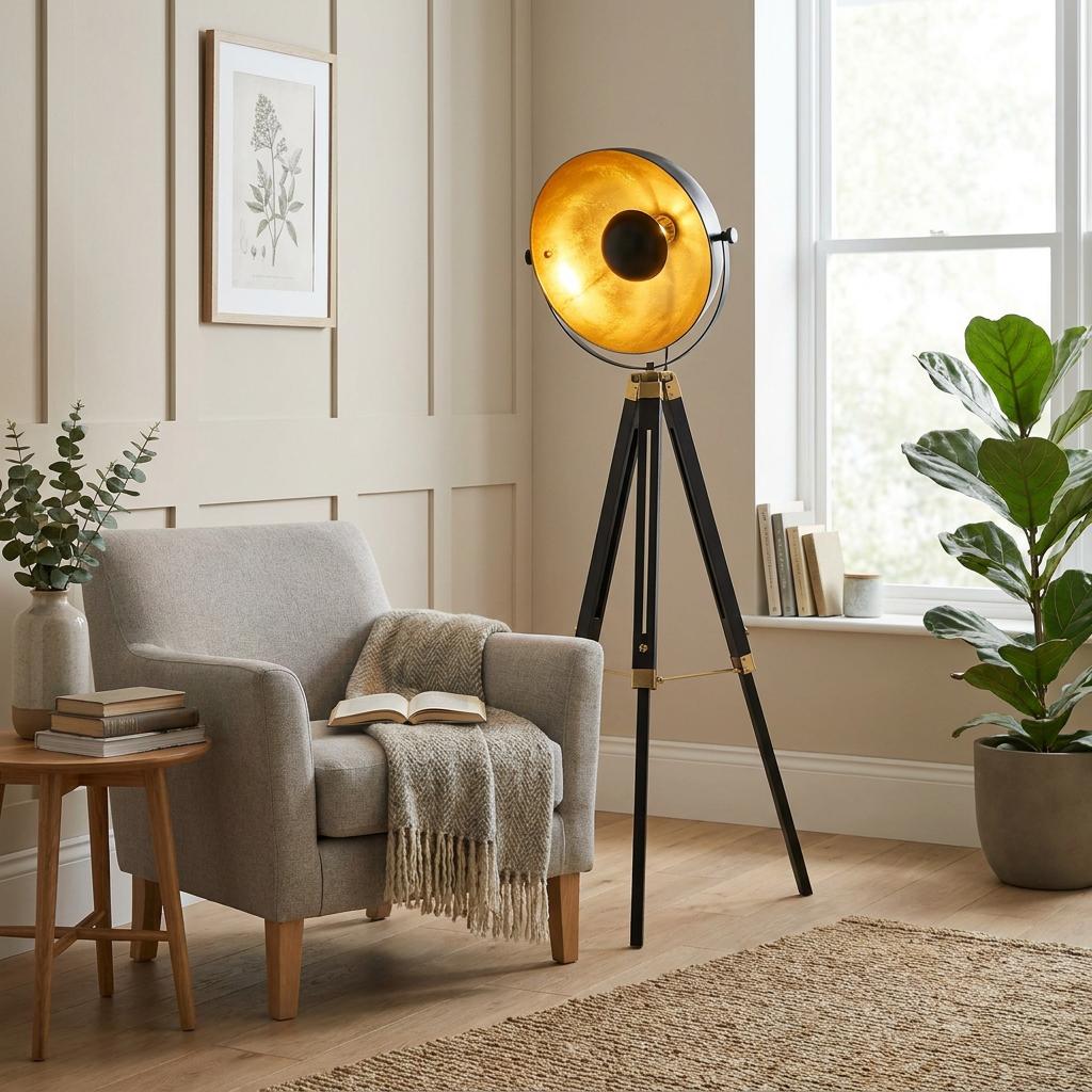 Black and gold tripod floor lamp stands beside a grey armchair in a brightly lit, modern living room.