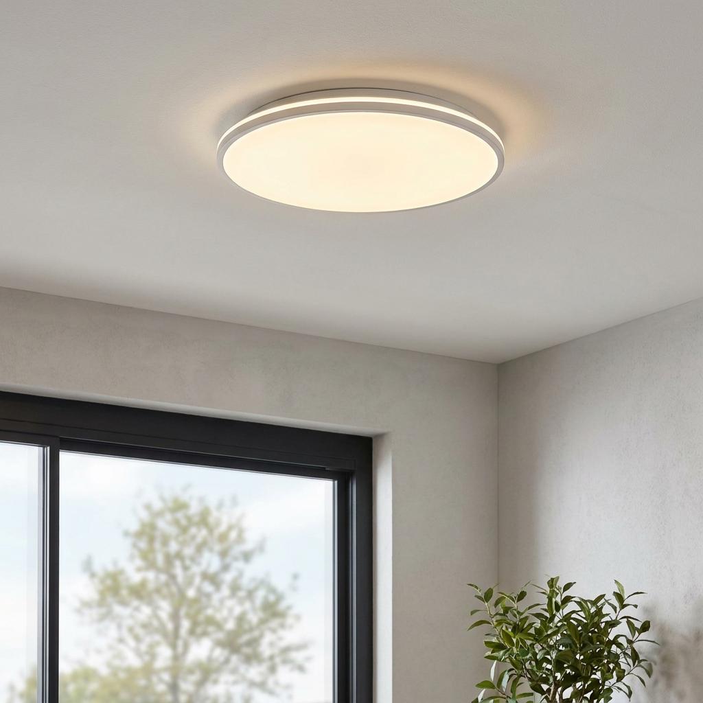 Round white LED flush ceiling light illuminated in a contemporary room with a window and plant.
