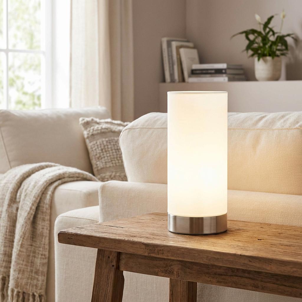 Cylindrical satin glass table lamp with a nickel base glowing on a rustic wooden table in a cozy living room.