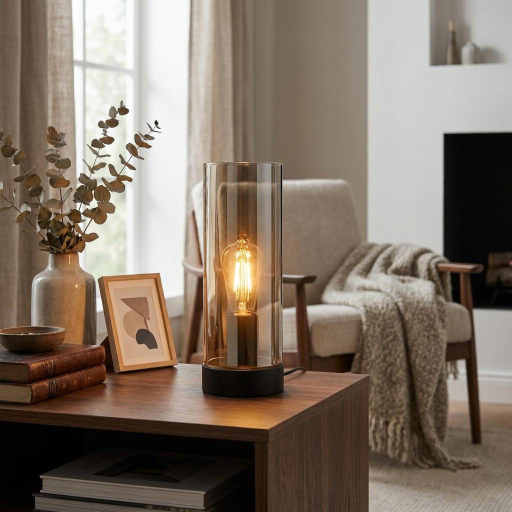 Cylindrical table lamp with smoked glass and a warm filament bulb on a wooden side table in a cozy living room.
