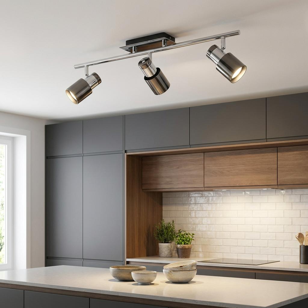 Black nickel and chrome three-light bar spotlight illuminating a modern kitchen with grey and wood cabinetry.