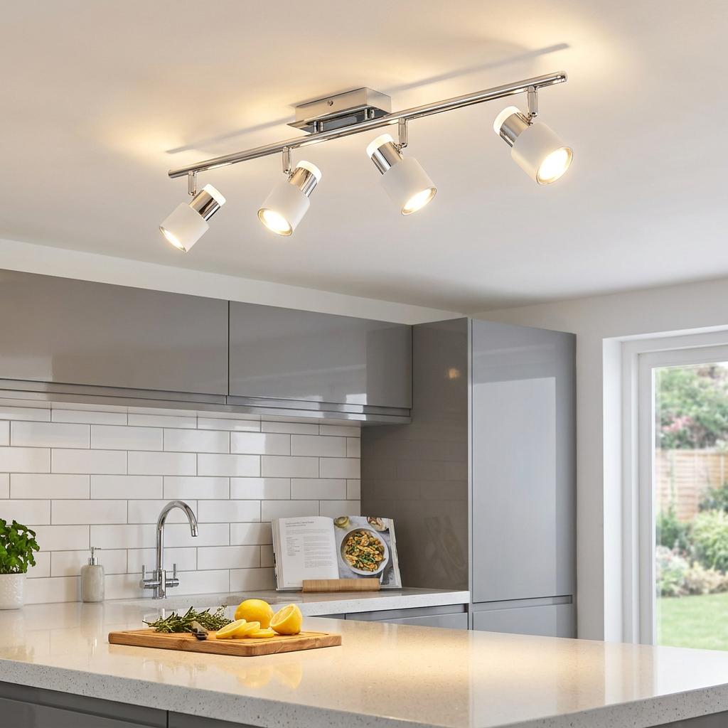 Eglo Davida chrome and white 4-light bar spotlight illuminates a modern kitchen island with grey cabinets.