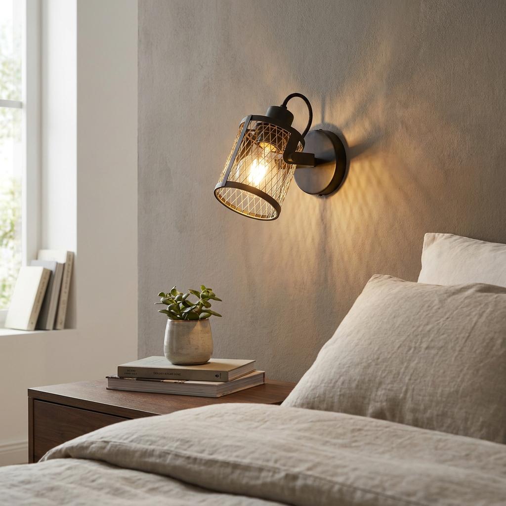 Eglo Dellow brass mesh and black spotlight mounted on a bedroom wall above a wooden bedside table.