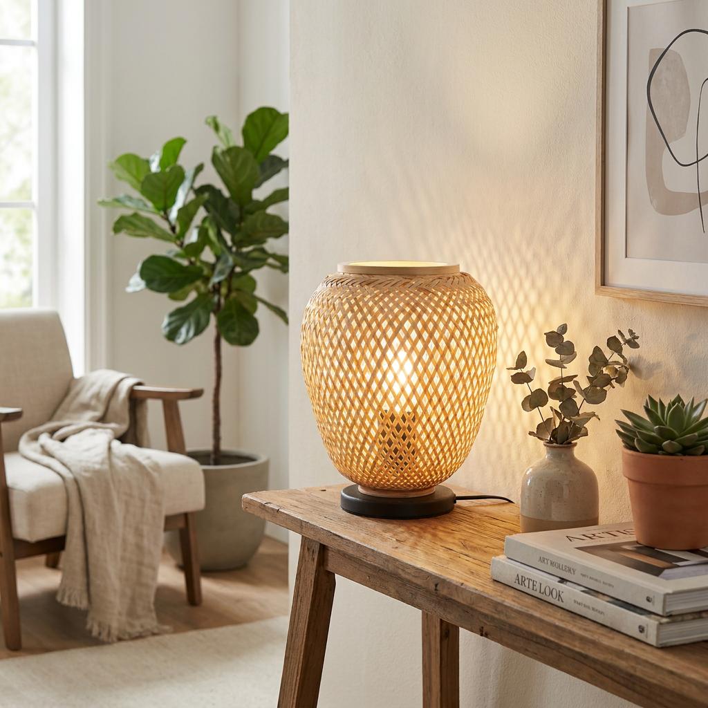 Lit Eglo Dembleby wicker table lamp with a woven shade on a wooden console table in a bright living room.