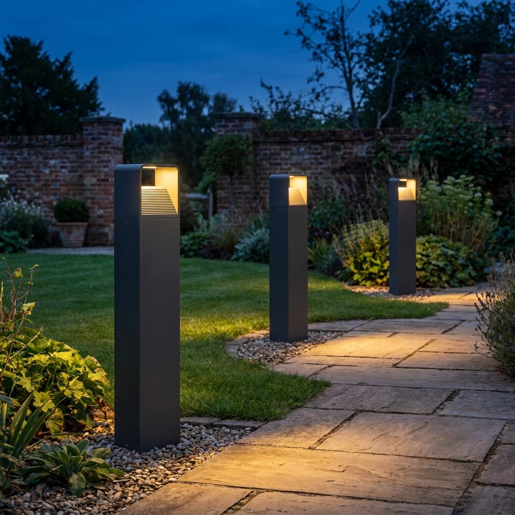 Modern black bollard lights casting a warm glow along a stone garden path at twilight.