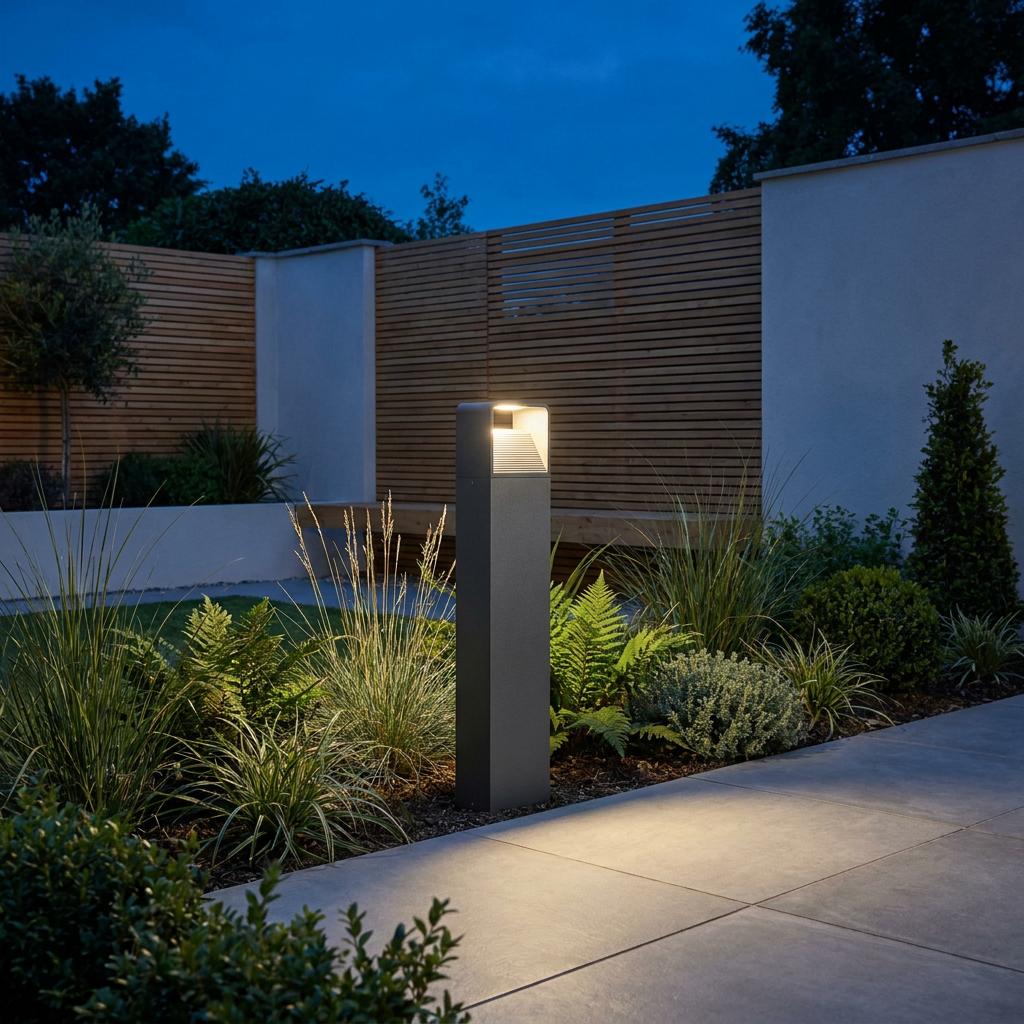 Black Eglo Doninni 1 LED bollard light casting a warm glow over a garden path and greenery at twilight.